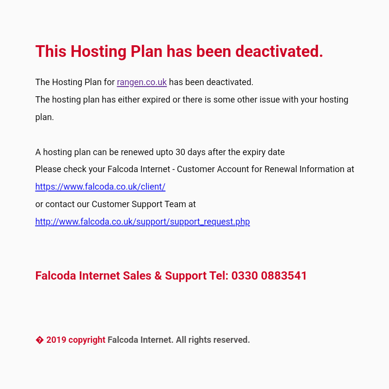 An image showing the screen that replaced RanGen (and Falcoda's) pages. It says "This Hosting Pla has been deactivated".